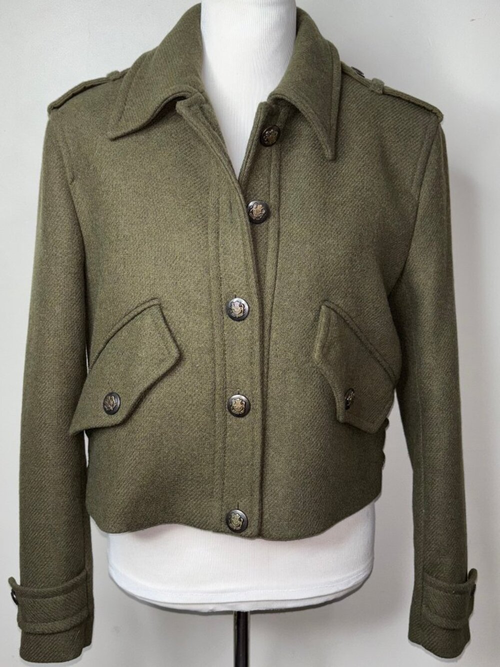 Zara Jacket Women's M Military Style Cropped Olive Green Wool Blend